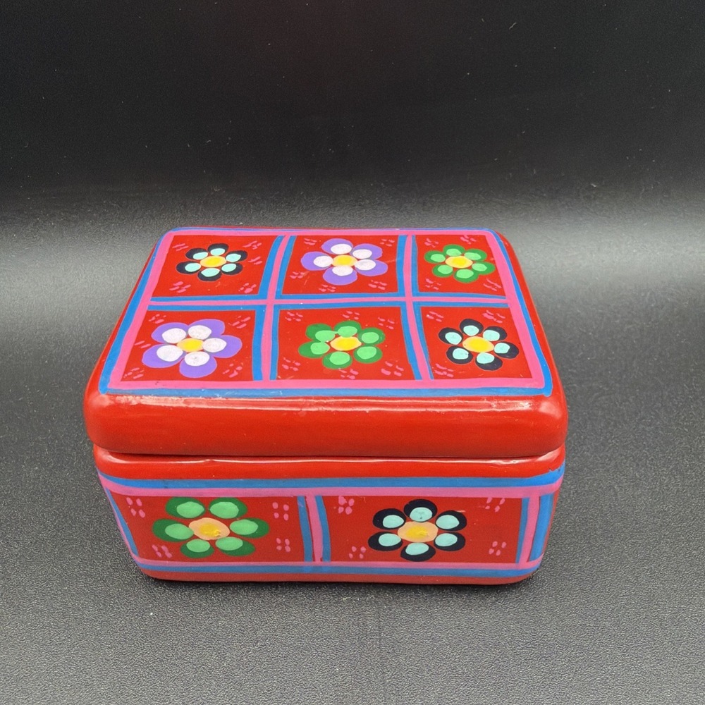 Mexican Pottery Hand Painted Floral Trinket Box Terra Cotta Handmade Beautiful